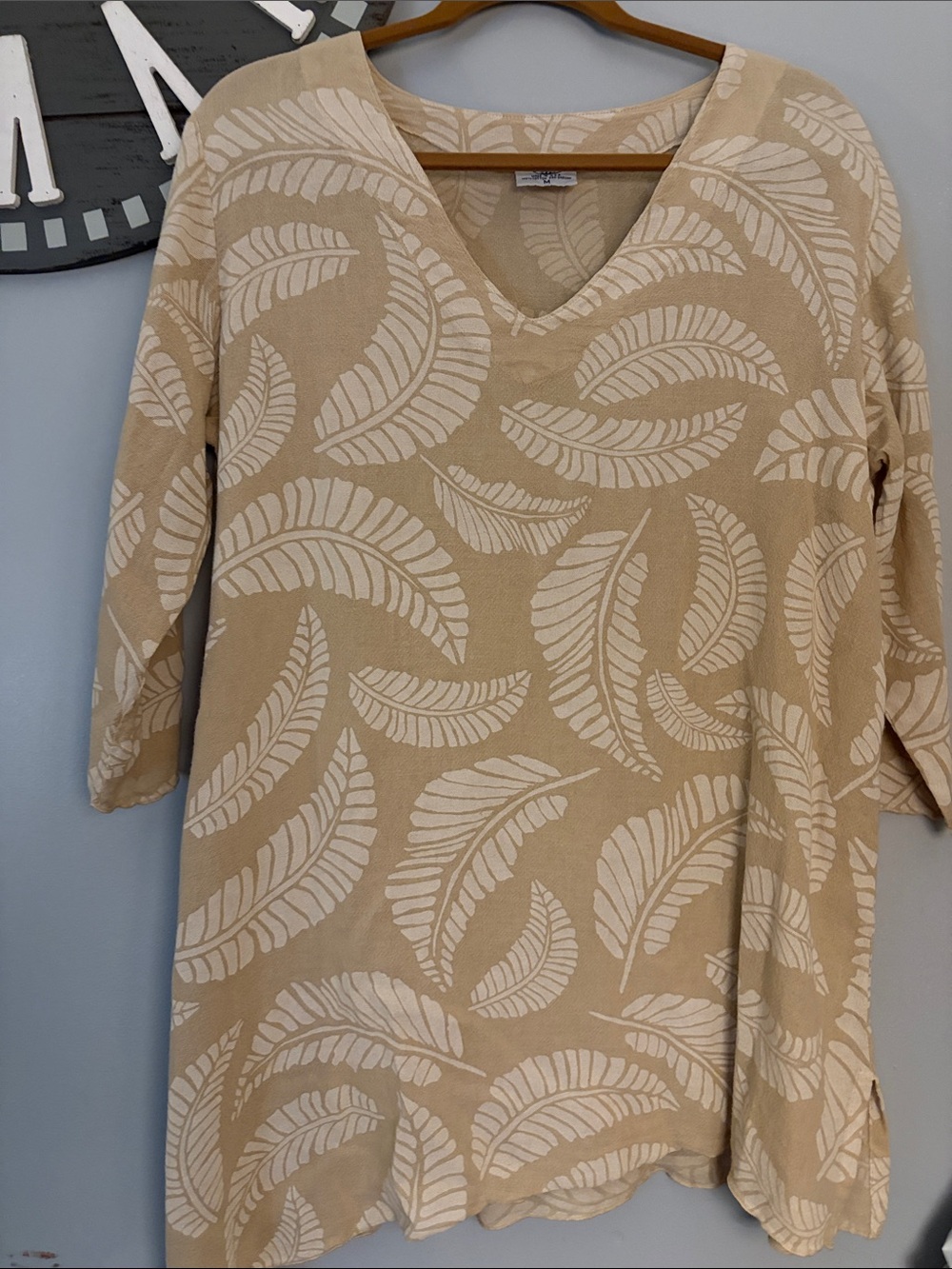 Cottonseed Beige Leaf-Print V-Neck Tunic Top